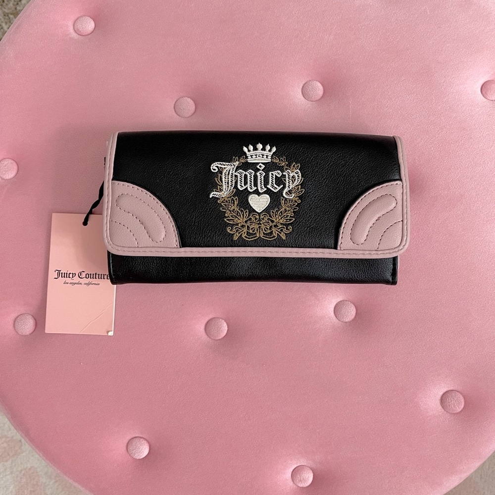 Juicy Couture black pink Heritage flap clutch wallet NWT